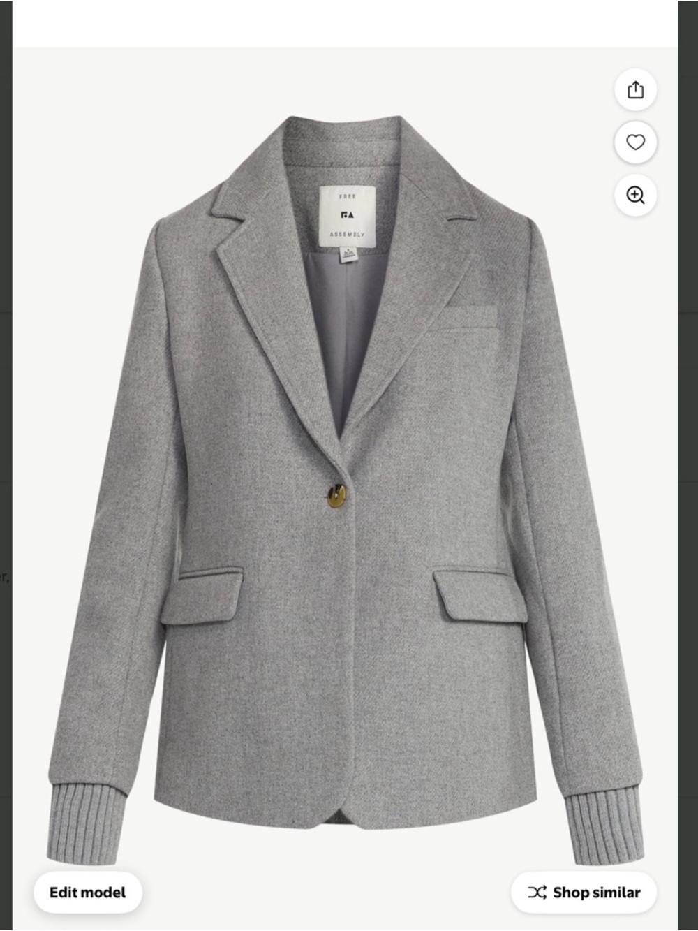 Free Assembly Grey Wool-Blend Blazer with Sweater Cuff